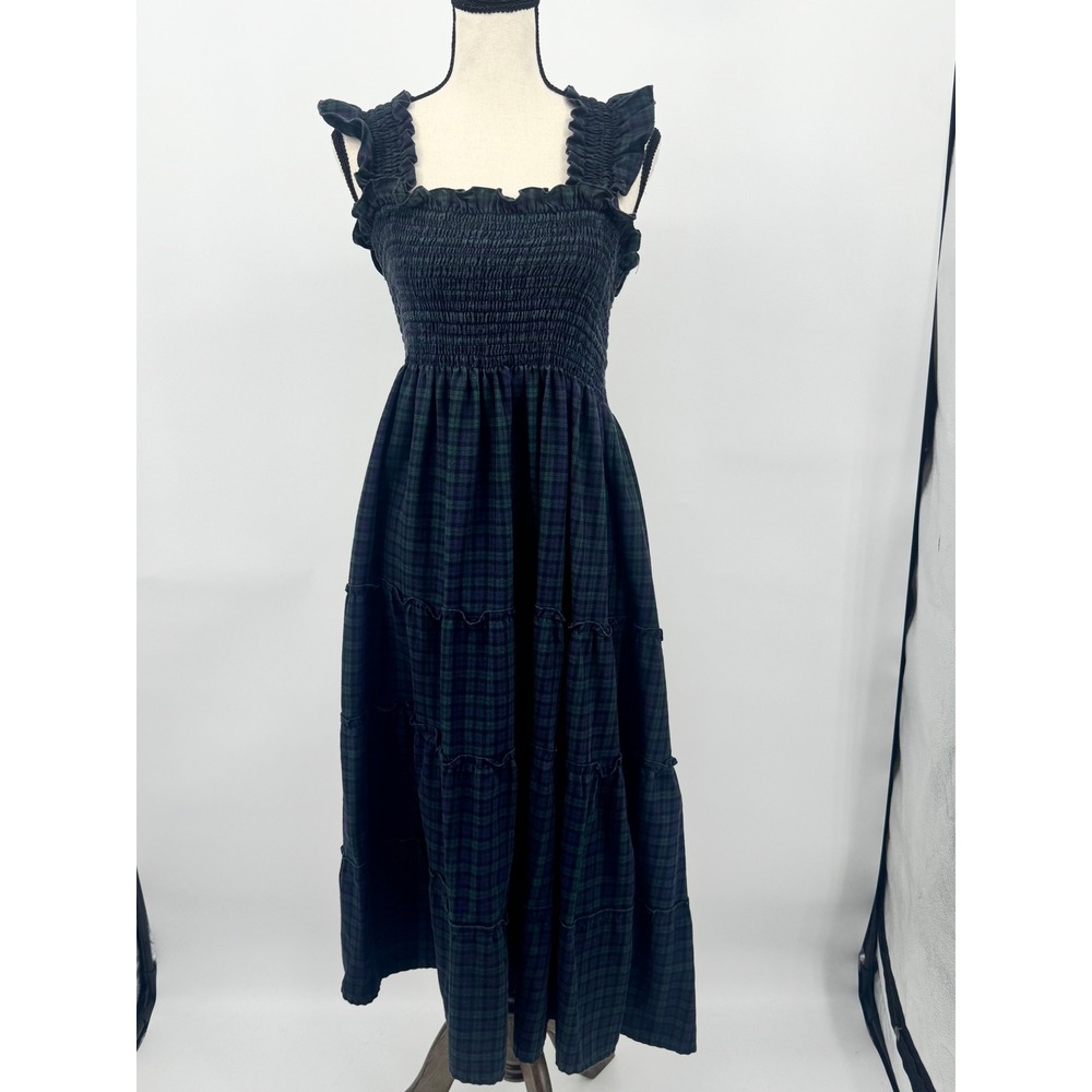 Hill House Home Ellie Nap Dress Women M Navy Green Plaid Smocked Ruffle Maxi